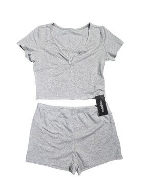 NWT | Heathered Gray V-Notch Short Sleeve Crop Top & Shorts Lounge Set | Large